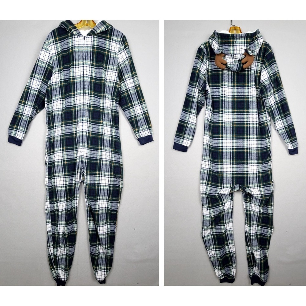Children's Place Adult Small Antlers Blue Green Plaid Fleece 1-Piece Pajama Set